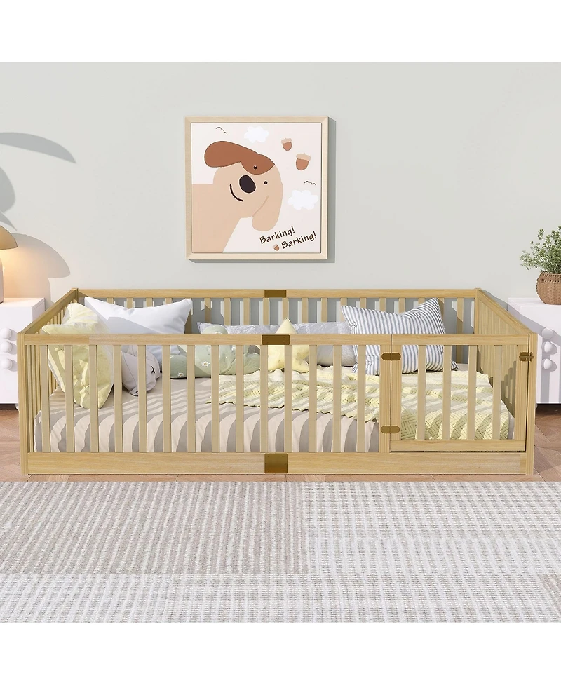 Clihome Floor Bed with High Fence Railings, with Door,6 Slats Included