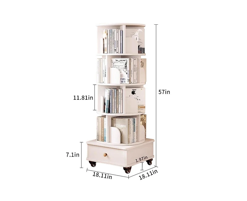 flynama 5-Tier 360 Degree Rotating Wooden Bookshelf with Single Drawer, Space-Saving Corner Home Organizer