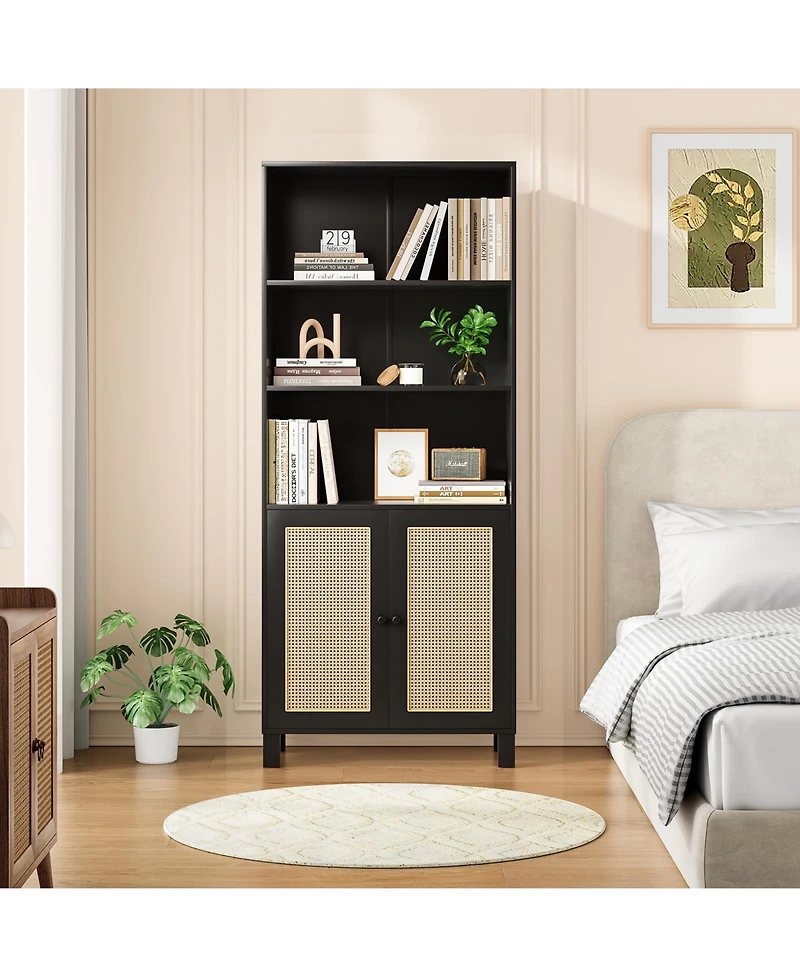 flynama Tall Bookcase with Rattan Doors, 5-Tier Wood Storage Shelf