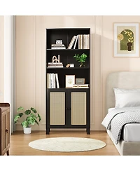 flynama Tall Bookcase with Rattan Doors, 5-Tier Wood Storage Shelf