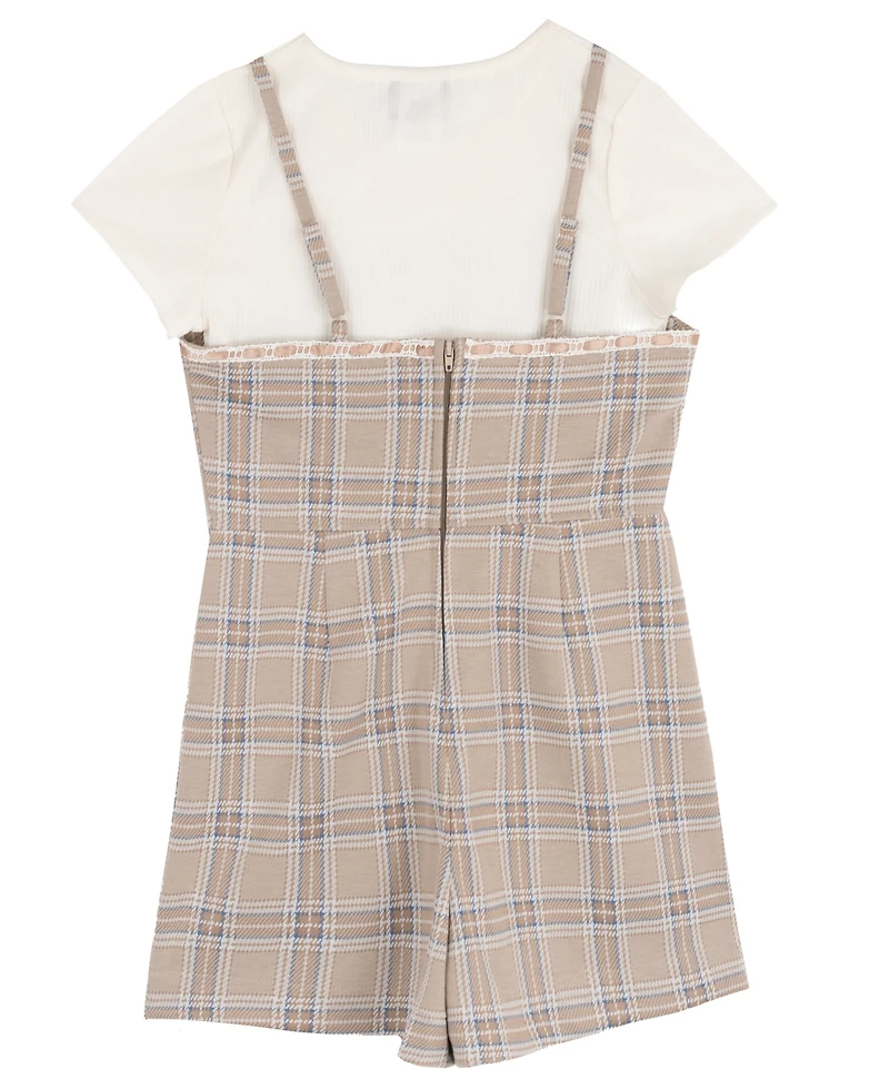 Rare Editions Girls' 7-16 Short-Sleeve T-Shirt and Plaid Woven Overlap Skirt Romper, 2-Piece Set