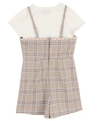 Rare Editions Girls' 7-16 Short-Sleeve T-Shirt and Plaid Woven Overlap Skirt Romper, 2-Piece Set