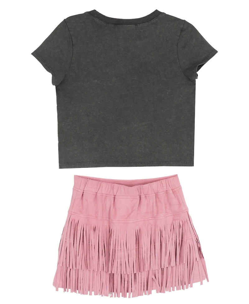 Tween Diva Girls' 7-12 Acid Wash Graphic T-Shirt, Faux Suede Fringe Skirt and Bracelet, 3-Piece Set