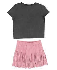 Tween Diva Girls' 7-12 Acid Wash Graphic T-Shirt, Faux Suede Fringe Skirt and Bracelet, 3-Piece Set