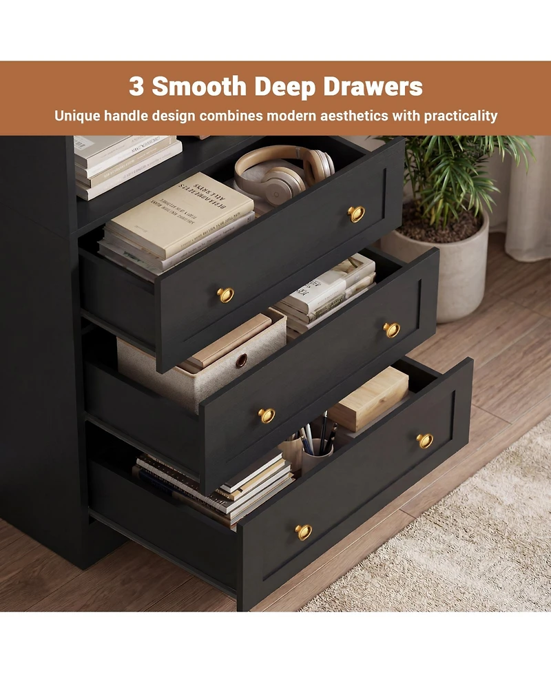 Aheaplus 80" Storage Cabinet with 3 Drawers and Open Shelves, Wooden Bookcase