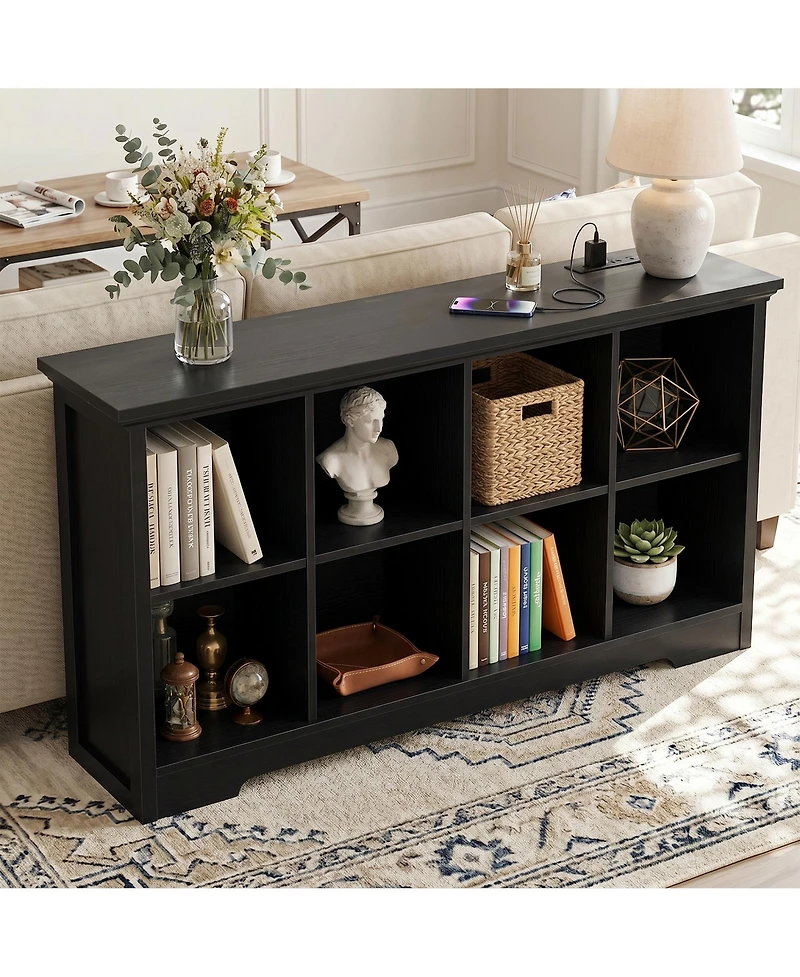 Aheaplus 8-Cube Bookshelf with Charging Station, Bin Storage Organizer