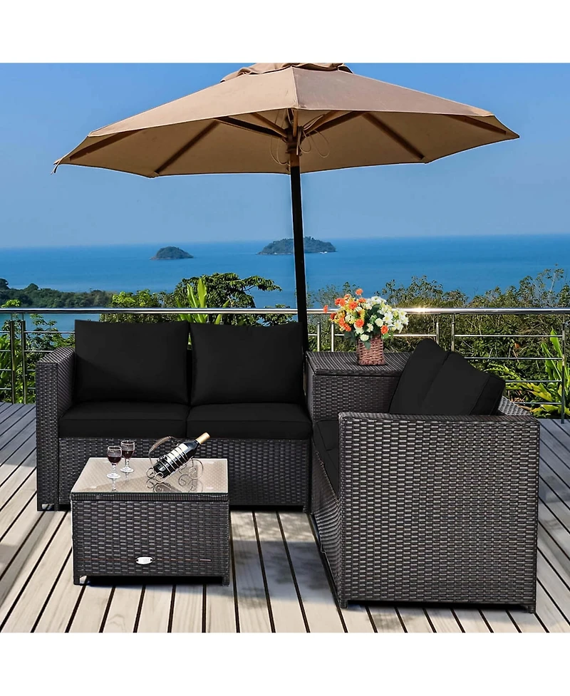 Costway 4 Piece Outdoor Patio Rattan Furniture Set Cushioned Loveseat Storage Table