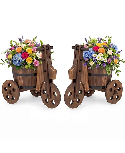 Costway Rustic Wood Tricycle Planter with Barrel Pot and Drainage for Patio