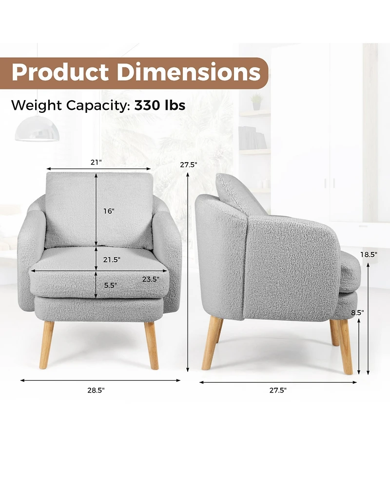Gymax Sherpa Accent Chair Set of 2 with Seat Cushion and Pillow Rubber Wood Legs for Bedroom