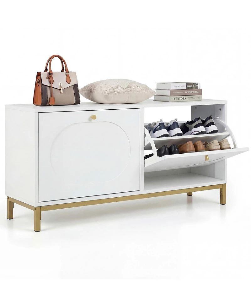 Slickblue Narrow Entryway Shoe Storage Bench with 2 Flip Drawers and Adjustable Shelves