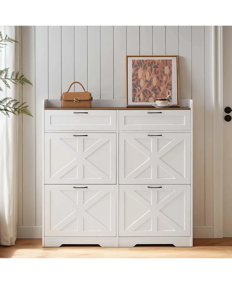 Slickblue Shoe Storage Cabinet Farmhouse Design with Flip-Down Drawers