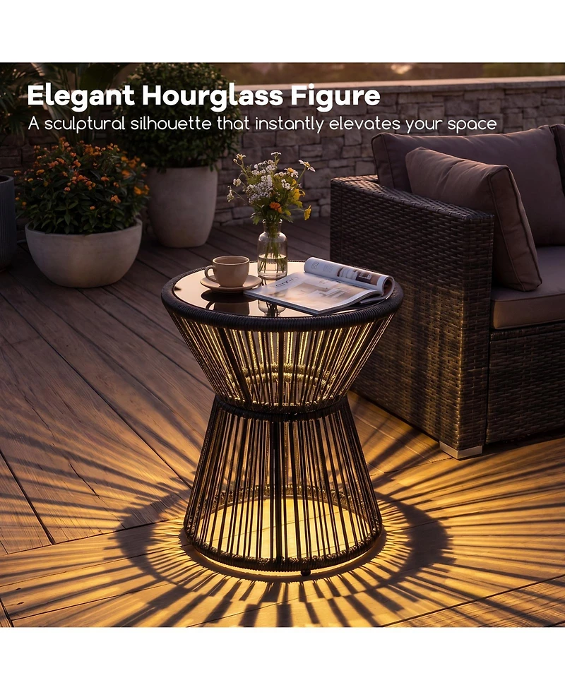 Gymax 2 piece Outdoor Side Table With Led Warm Light Pe Rattan Hourglass-Shaped End Table