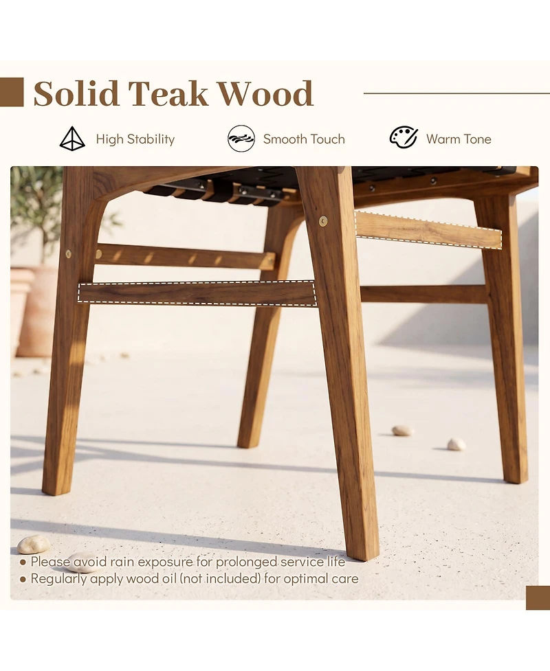 Gymax 2 Pieces Solid Teak Hand-Woven Strap Outdoor Dining Chairs with Flex Support for Garden
