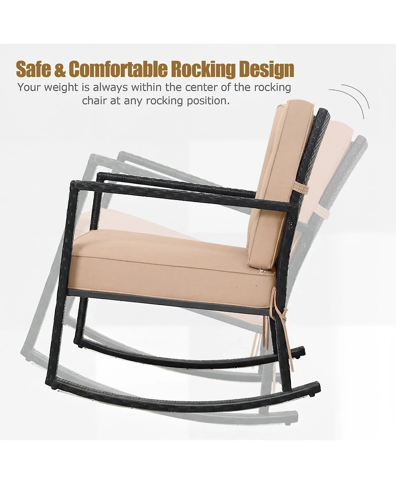 Gymax Patio Rattan Rocker Chair Glider Rocking Chair Cushion Lawn Outdoor
