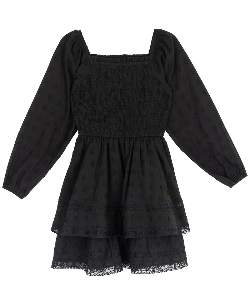 Rare Editions Girls' 7-14 Textured Clip Dot Smocked Bodice Long-Sleeve Dress
