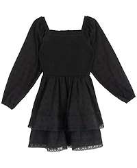 Rare Editions Girls' 7-14 Textured Clip Dot Smocked Bodice Long-Sleeve Dress