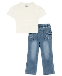 Rare Editions Girls' 2T-6X Crochet Knit Top and Bow Detail Rib Jeans, 2-Piece Set