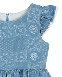 Rare Editions Girls' 2T-6X Printed Denim Flutter Sleeve Tiered Dress