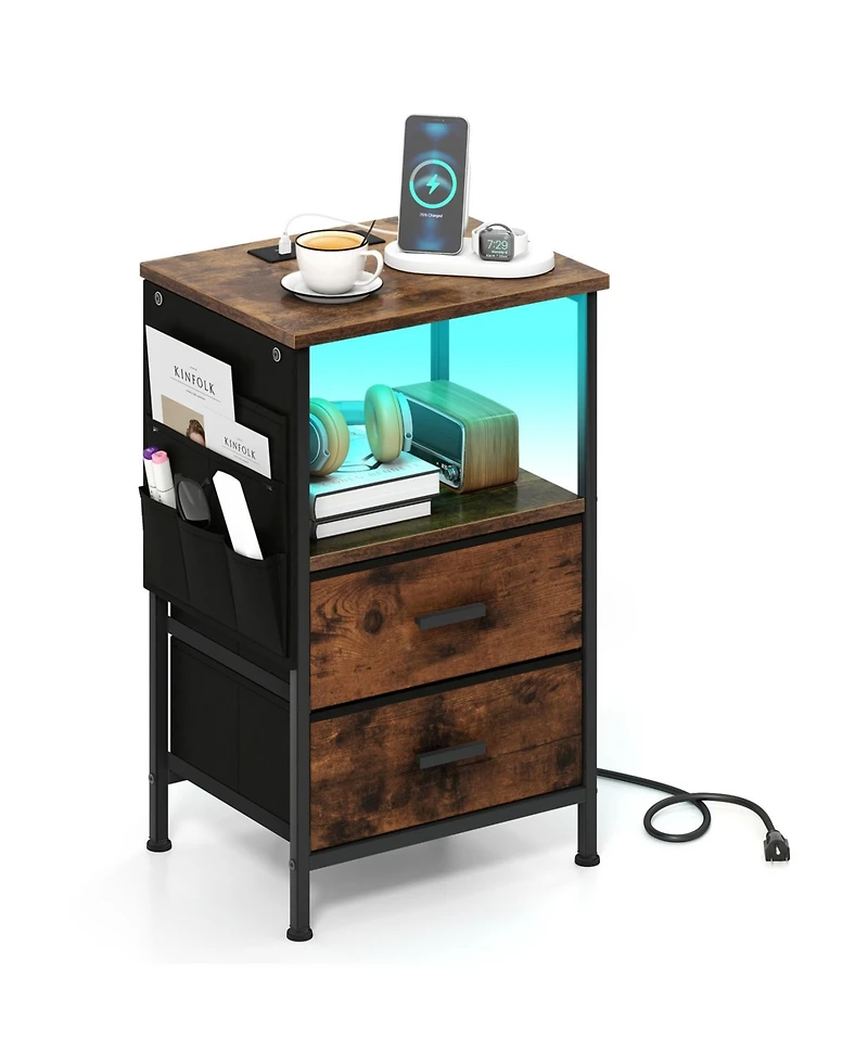 Slickblue Nightstand End Table with Charging Station and Fabric Drawers