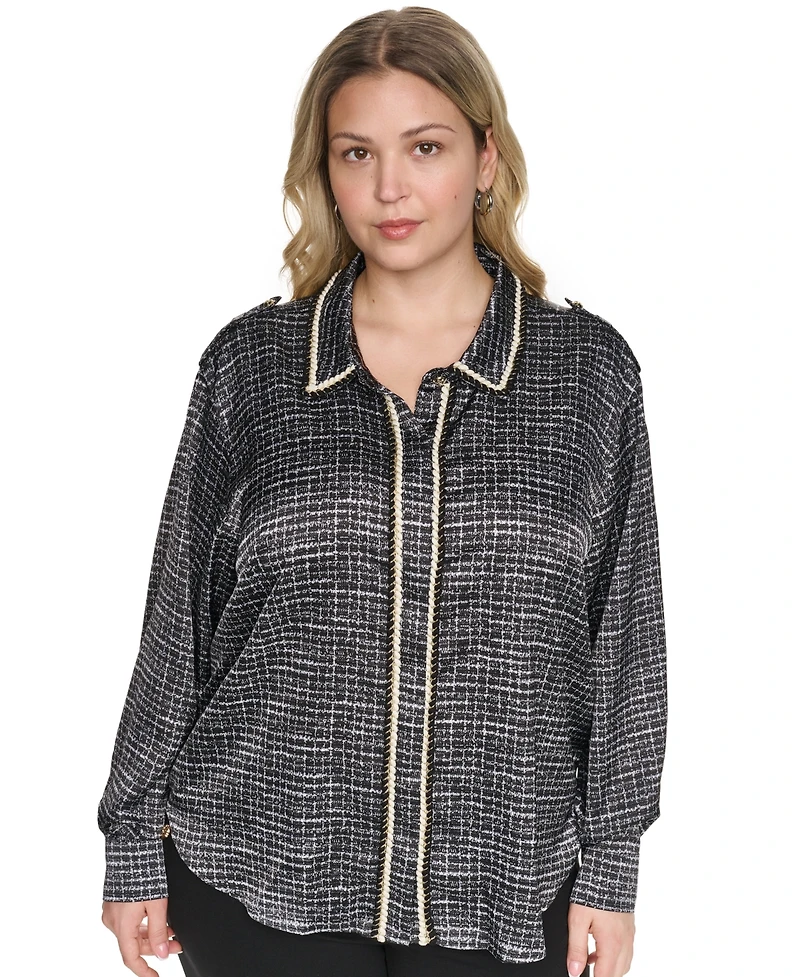 Karl Lagerfeld Paris Plus Tweed Print Collared Long-Sleeve Top