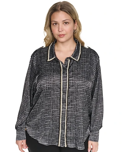 Karl Lagerfeld Paris Plus Tweed Print Collared Long-Sleeve Top