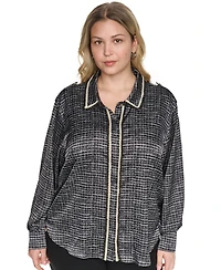 Karl Lagerfeld Paris Plus Tweed Print Collared Long-Sleeve Top
