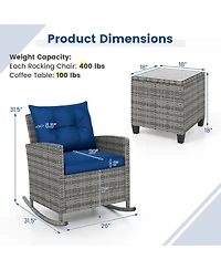 Sugift 3-Piece Rattan Patio Rocking Chair Set with Tempered Glass Side Table