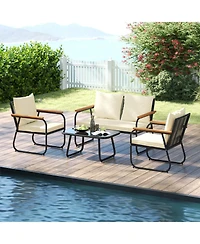 Sugift 4-Piece Wicker Patio Furniture Set with Acacia Wood Armrests