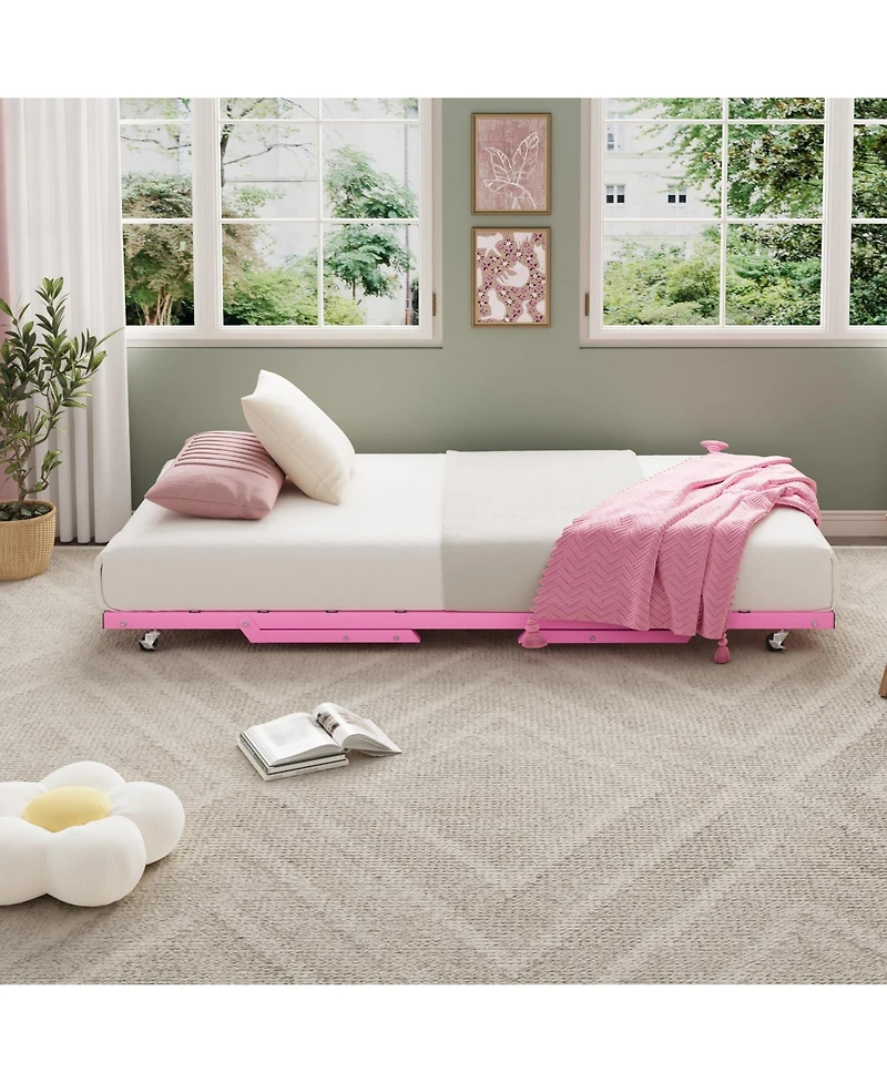 homfan Twin Sturdy Metal Pop Up Trundle Bed Frame Stand Up Design, Lockable Casters, Strong Steel Slats, Noise Free, Easy Assembly