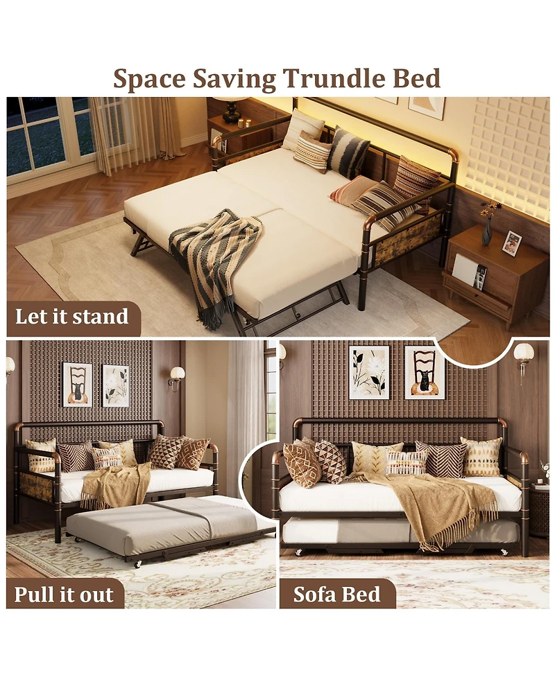 homfan Daybed with Trundle Bed, Twin Bed Frame with Steel Slats, Sofa BedFrame with Strong Supports for Living Room, Bedroom