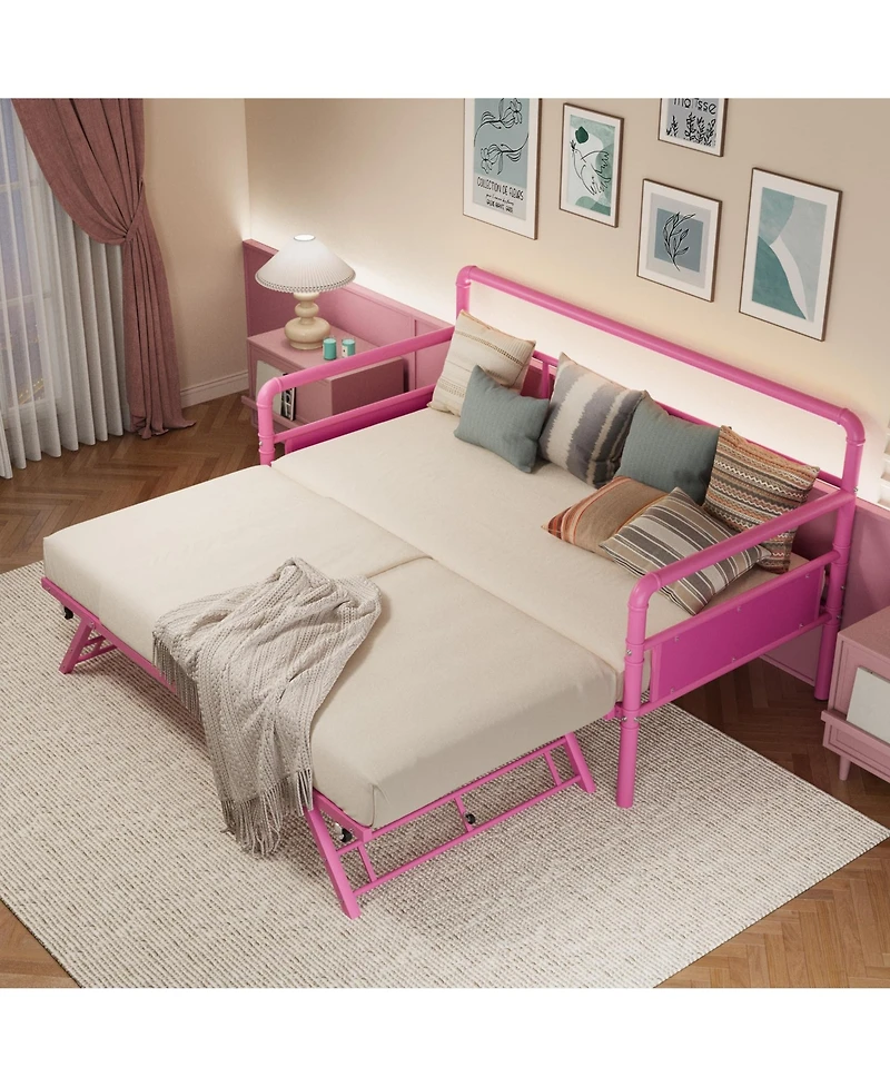 homfan Twin Daybed with Trundle, Metal Daybed with Pop Up Trundle and Steel Slats for Bedroom or Guest Room
