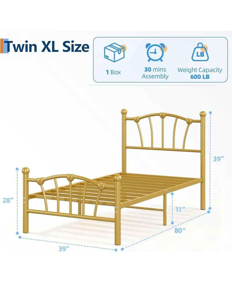 gaomon Twin Xl Size Bed Frame, Heart Shaped Metal Bed Frame with Headboard and Footboard, Platform Bed Frame with Sturdy Slat Support