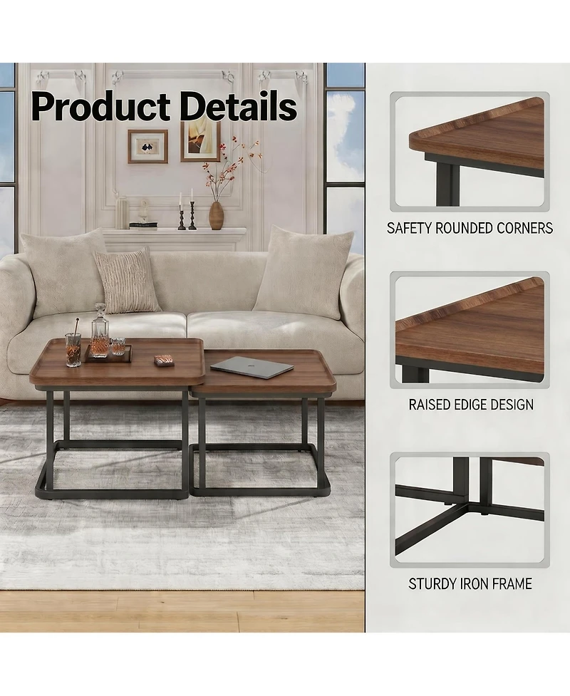 homfan Coffee Table Set of 2, Square Small Tables for Living Room, Bedroom, Balcony, Space Saving Mid Century Modern Nesting