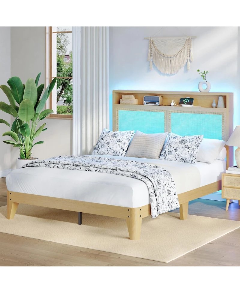 gaomon Rattan Queen Size Bed Frame with Led Lights, Boho Wood Bed Frame with Storage Headboard & Charging Station, No Box Spring Needed