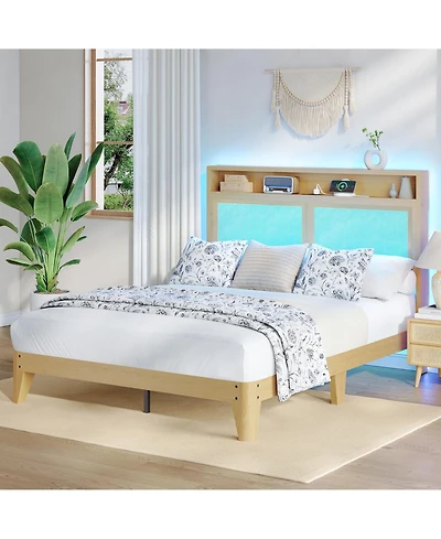 gaomon Rattan Queen Size Bed Frame with Led Lights, Boho Wood Bed Frame with Storage Headboard & Charging Station, No Box Spring Needed