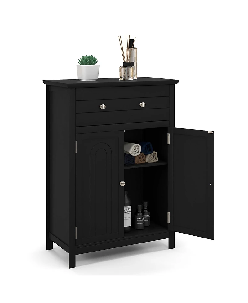 Gymax Bathroom Floor Cabinet Wooden Storage Organizer with Drawer & Doors Blcak