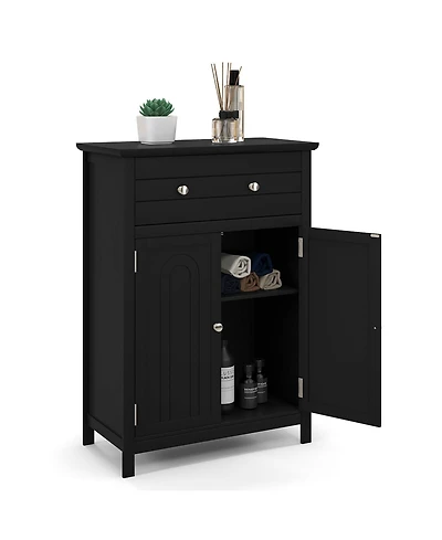 Gymax Bathroom Floor Cabinet Wooden Storage Organizer with Drawer & Doors Blcak