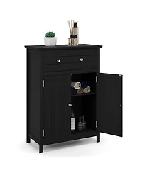 Gymax Bathroom Floor Cabinet Wooden Storage Organizer with Drawer & Doors Blcak