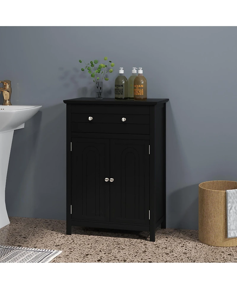 Gymax Bathroom Floor Cabinet Wooden Storage Organizer with Drawer & Doors Blcak