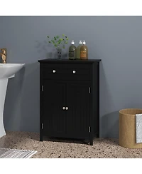 Gymax Bathroom Floor Cabinet Wooden Storage Organizer with Drawer & Doors Blcak