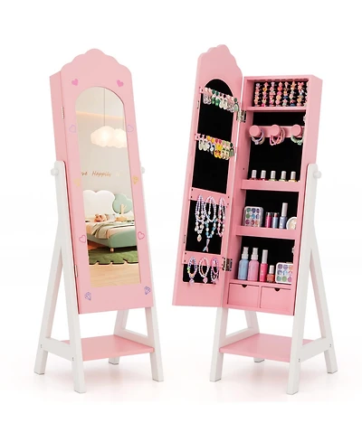 Costway Kids Jewelry Cabinet with Full-Length Mirror, Freestanding Armoire Organizer for Girls
