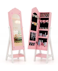 Costway Kids Jewelry Cabinet with Full-Length Mirror, Freestanding Armoire Organizer for Girls