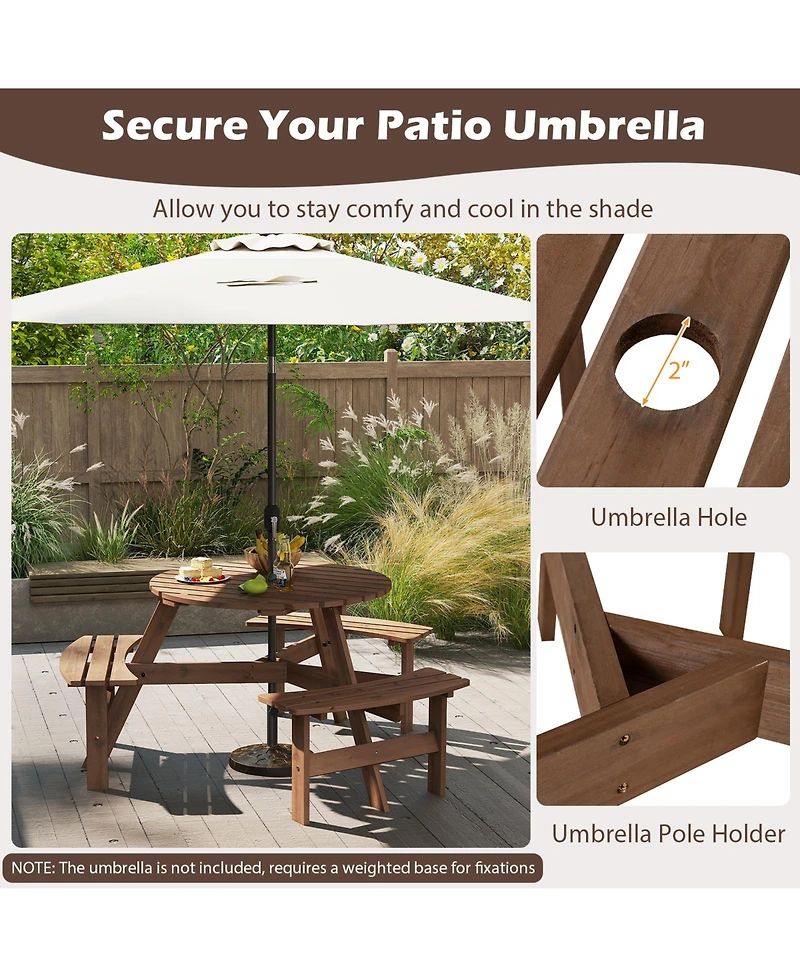 Slickblue Outdoor 6-Person Round Picnic Table with Attached Benches and Umbrella Hole