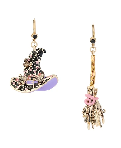 Betsey Johnson Faux-Stone Halloween Witchy Hat Broomstick Drop Earrings