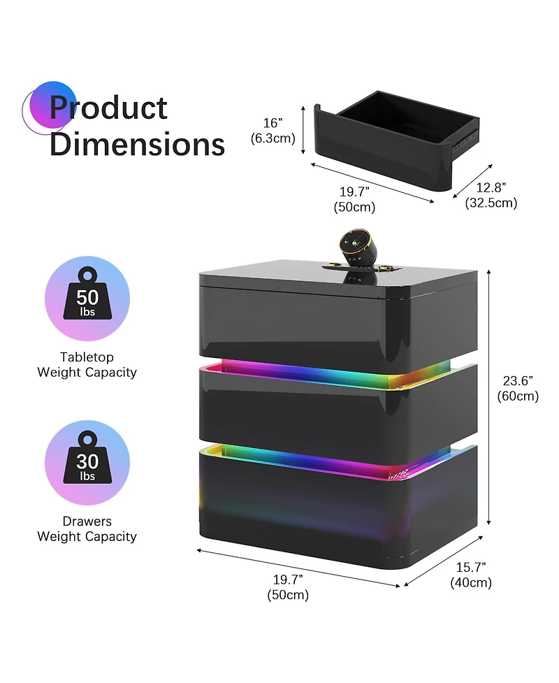 Vlsrka 3-Drawer Nightstand with Electronic Lock, Rgb Lights No Assembly Required)
