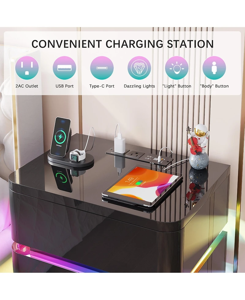 Vlsrka 3 Drawer Nightstand With Charging Station And Motion Sensor Rgb Light No Assembly Required)