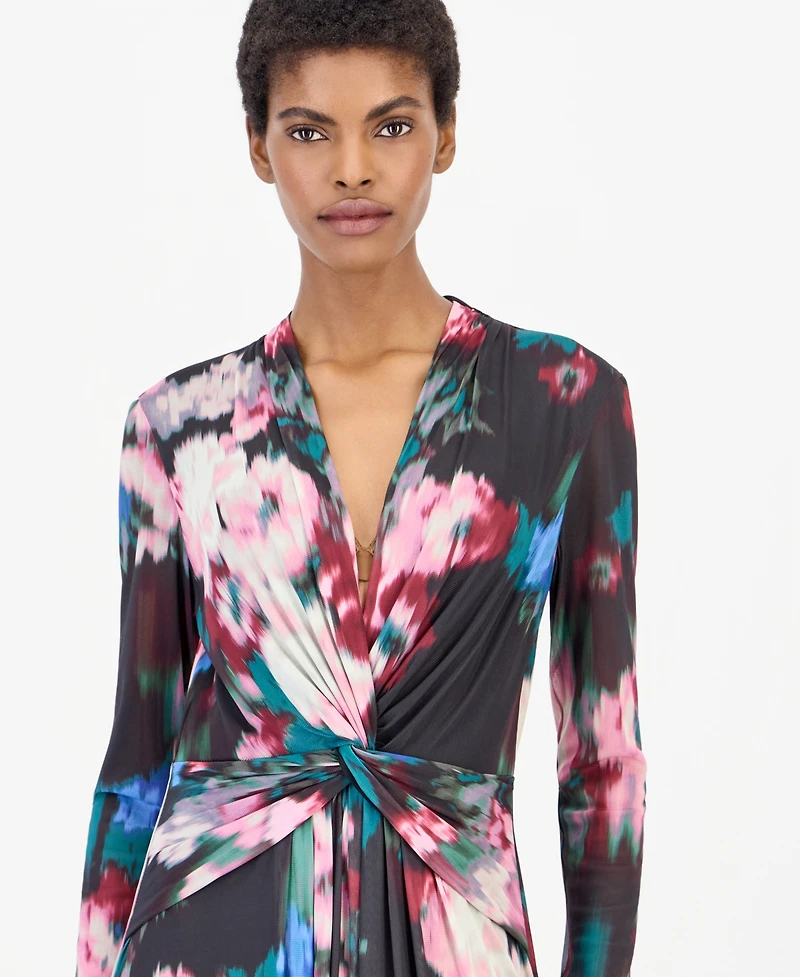 Anne Klein Women's Petite Mesh Twist Front Floral Long-Sleeve Maxi Dress