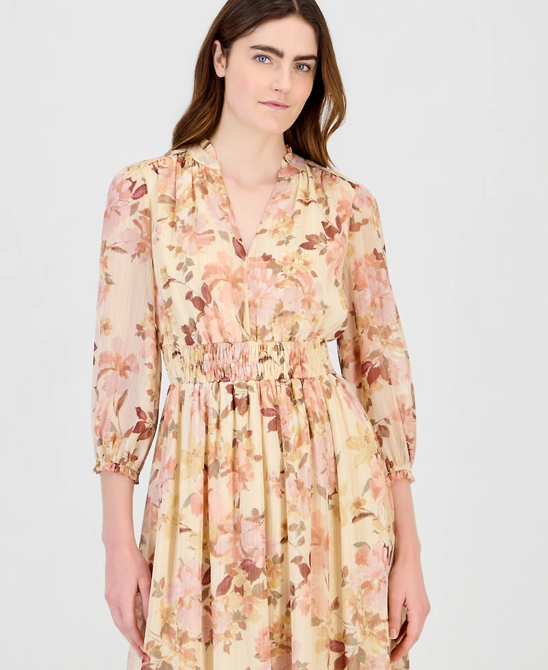 Anne Klein Women's Floral Smocked Waist Ruffle-Trim Midi Dress