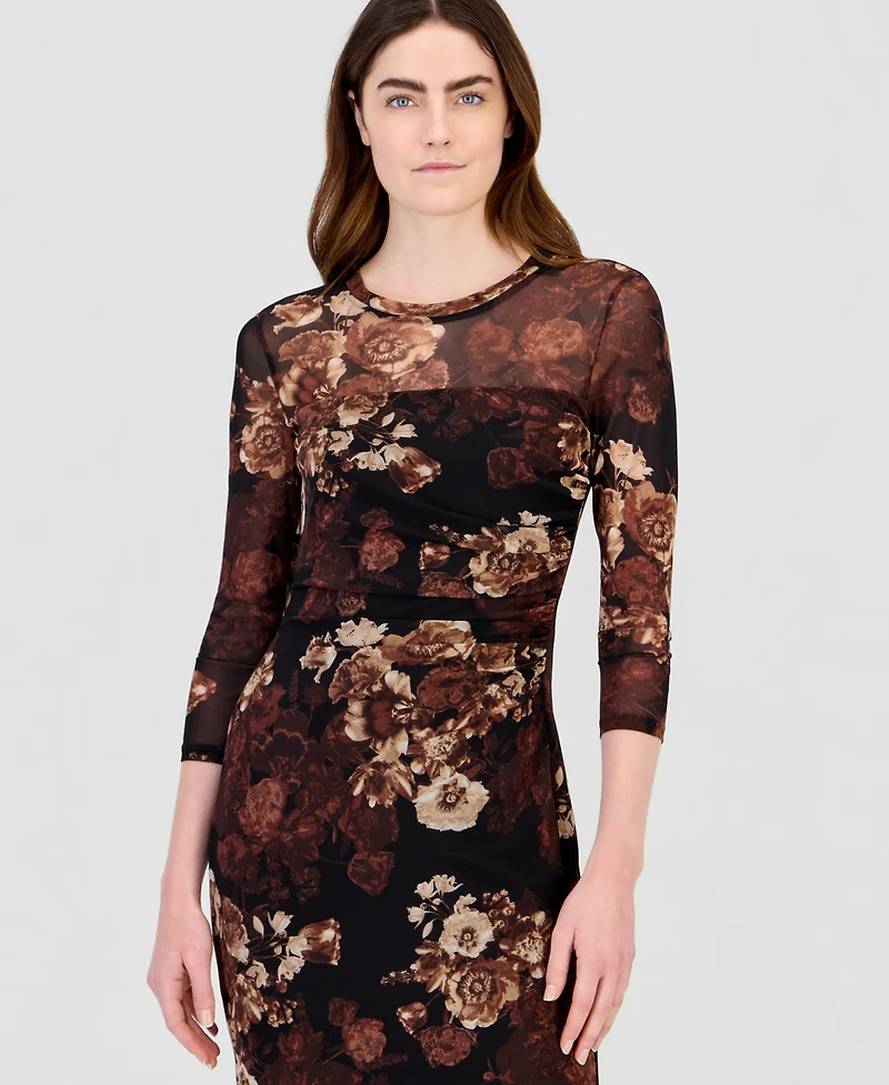 Anne Klein Women's Floral-Print Mesh Side-Ruched Midi Dress