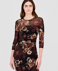 Anne Klein Women's Floral-Print Mesh Side-Ruched Midi Dress